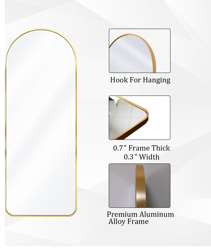 Easly 20x63 Aluminum Alloy Framed Arched Rounded Floor Mirror, Gold