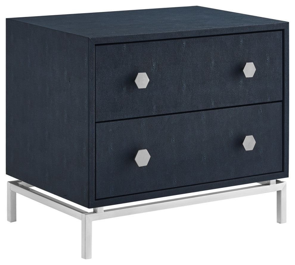 Nicole Miller Aharon Side Table, 2 Drawers, Faux Shagreen, Navy/Chrome