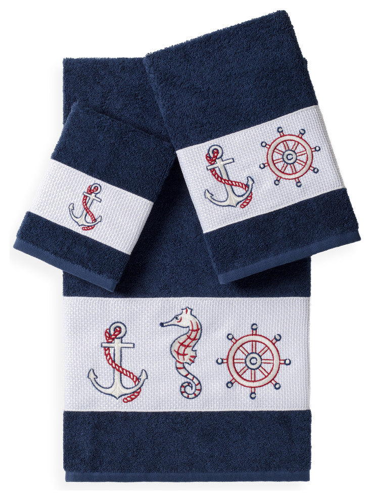 100% Turkish Cotton Easton 3-Piece Embellished Towel Set, Midnight Blue