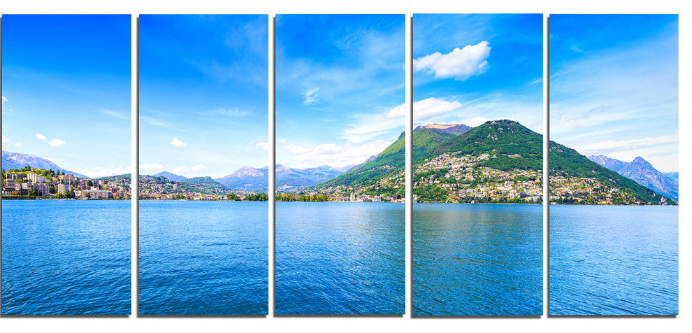 "Lugano Lake Ticino Panorama" Seashore Canvas Art, 5 Panels, 60"x28"
