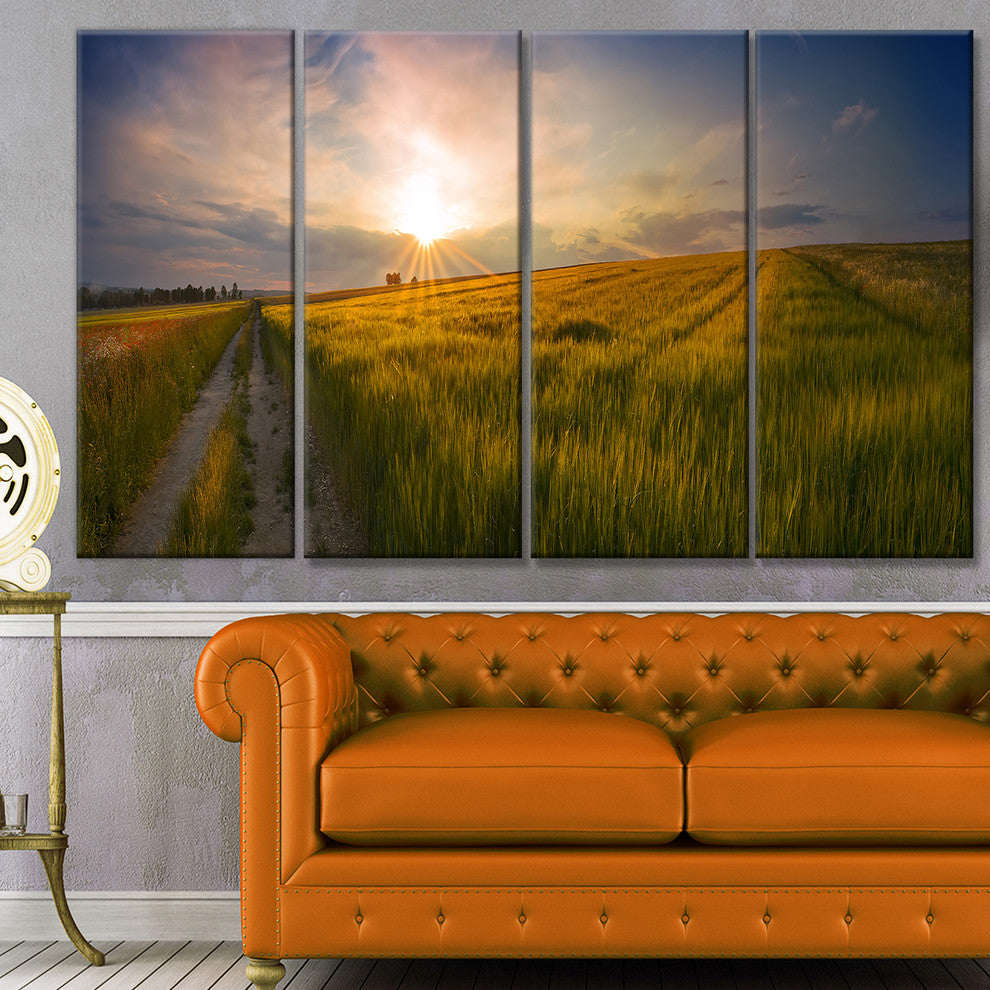 Sunset in Field of Grain Panorama, Landscape Canvas Art Print, 48"x28", 4 Panels