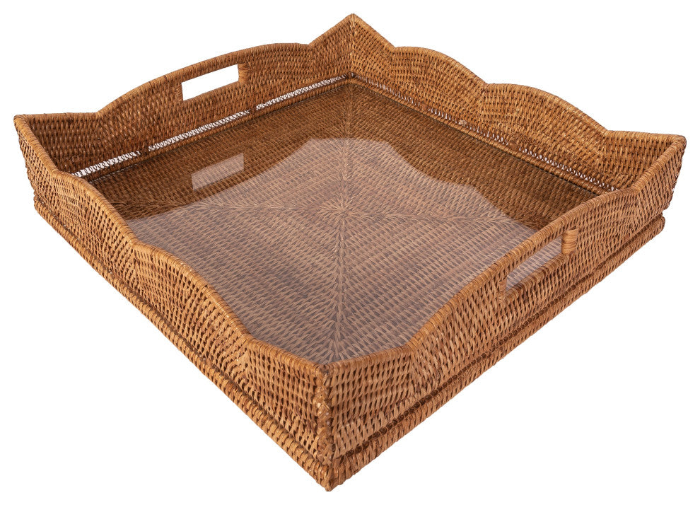 Artifacts Rattan™ Square Tray With Glass Insert, Honey Brown, 20"x20"x4.5"