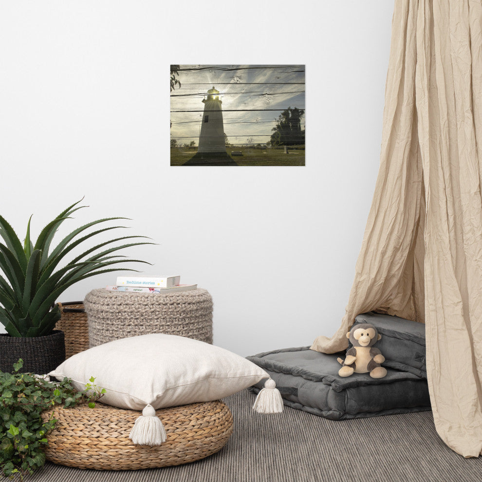 Faux Rustic Reclaimed Wood Turkey Point Lighthouse Unframed Wall Art Prints, 18" X 24"