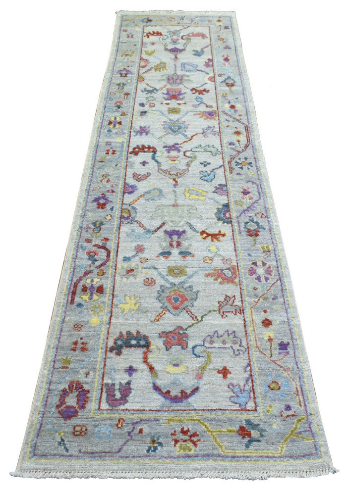 Silver Gray Pure Wool Hand Knotted Afghan Angora Ushak Runner Rug, 2'5"x9'8"