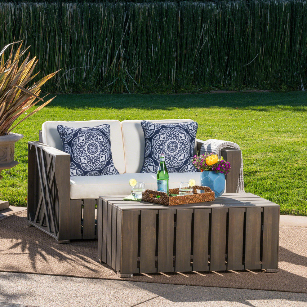 GDF Studio Edward Outdoor Acacia Wood Loveseat and Coffee Table Set, Gray/Gray