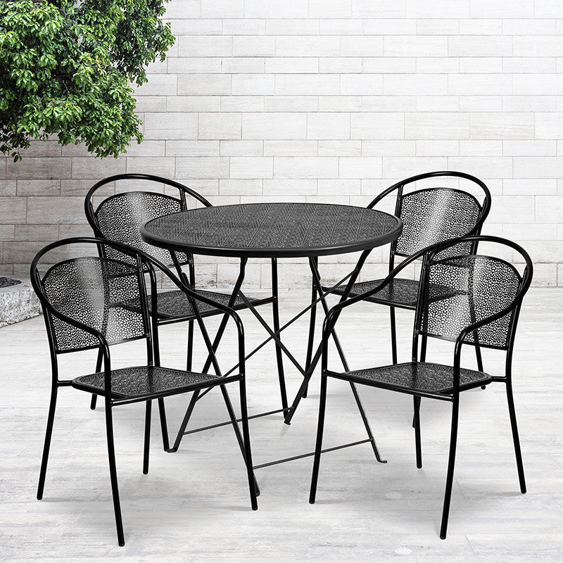 30'' Round Black Indoor-Outdoor Steel Patio Table Set With 4 Round Back Chairs