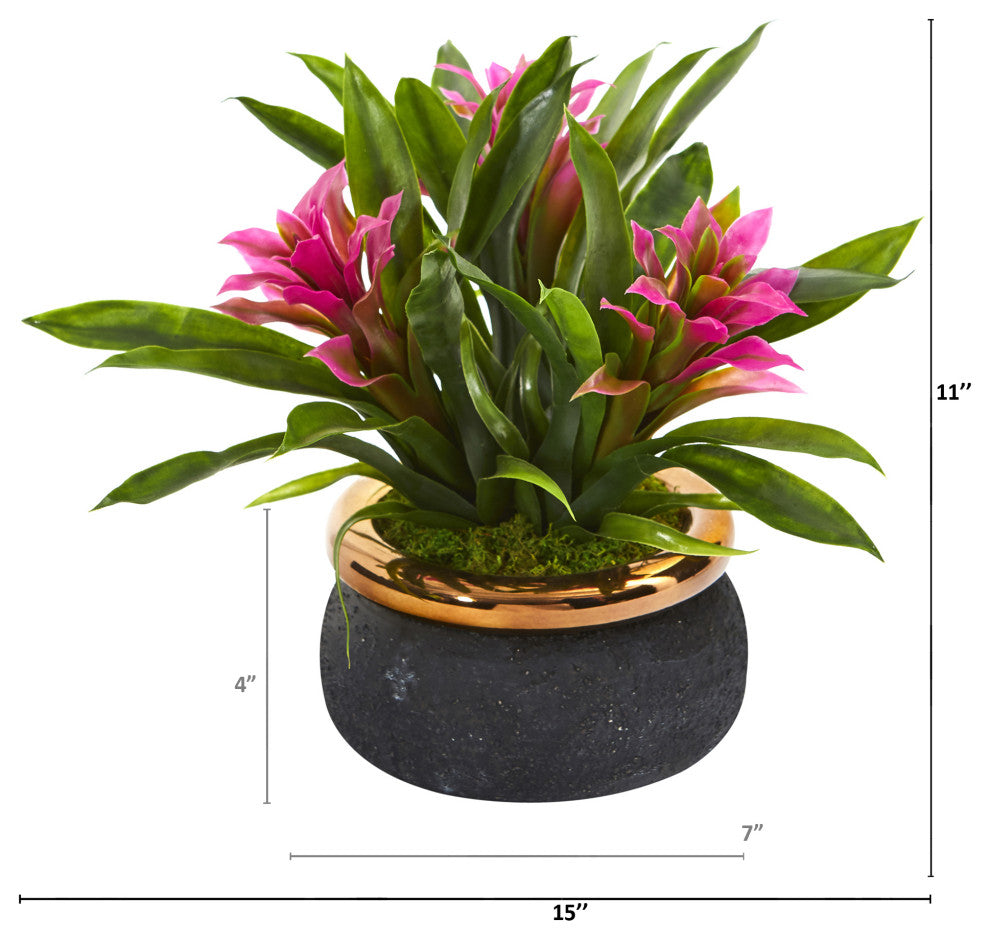 11 in. Bromeliad Artificial Plant, Stoneware Planter
