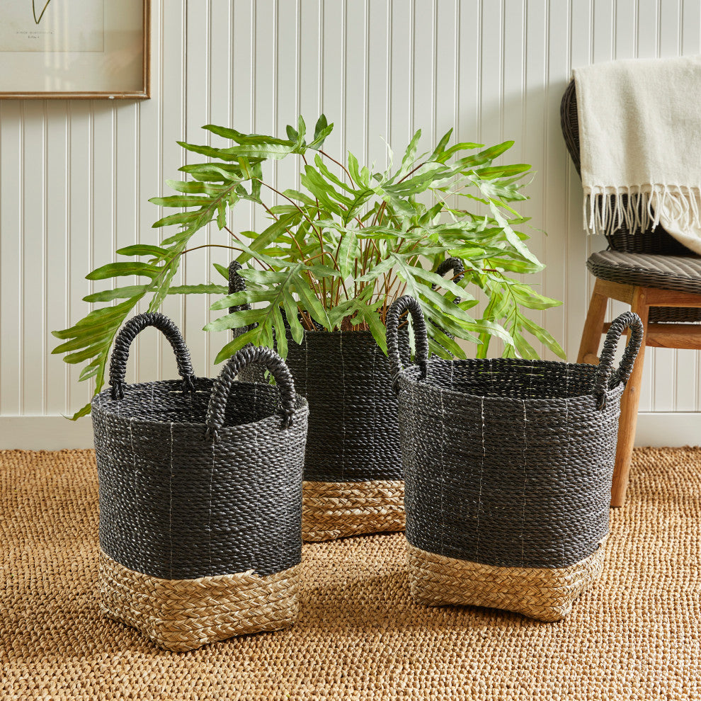 Set of 3 Contemporary Casual Natural Black Round Tote Baskets Handles Large