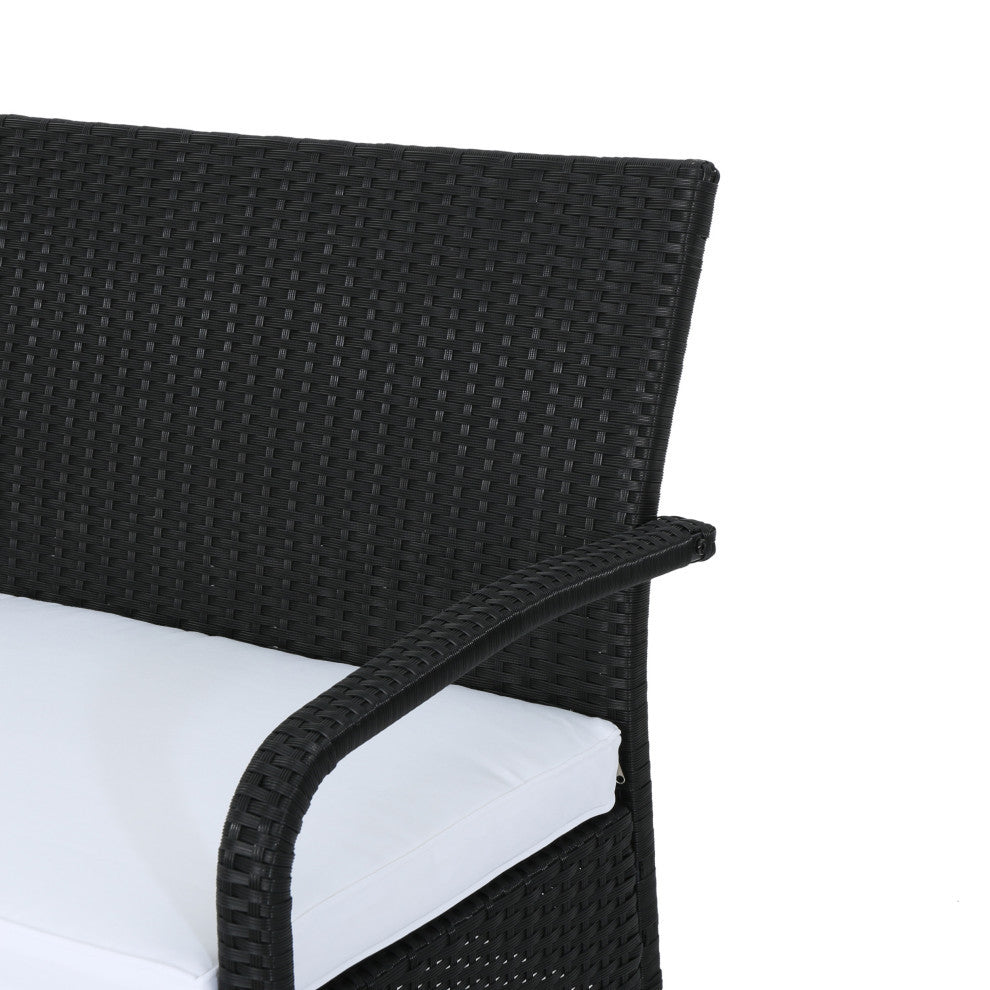 GDF Studio 4-Piece Clayton Outdoor Black Wicker Chat Set With White Cushion