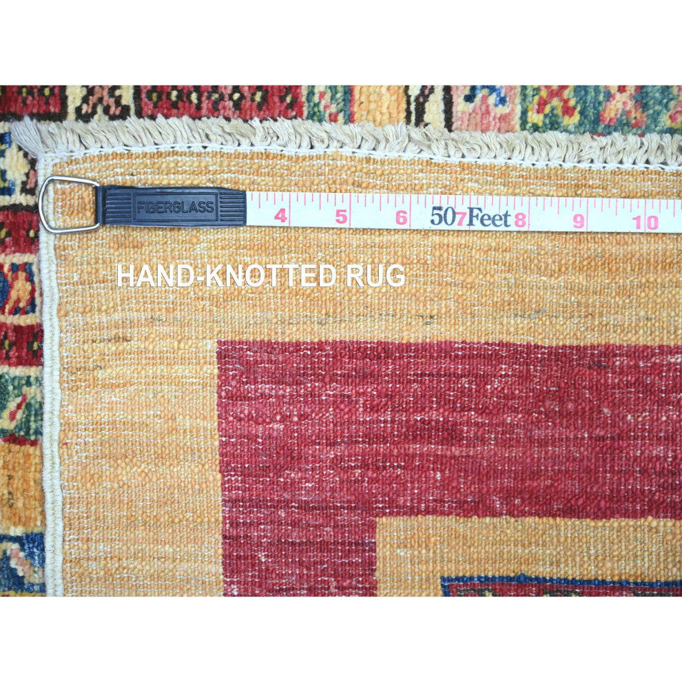 Ochre Brown Wool Afghan Super Kazak Garden Design Hand Knotted Rug, 4'10"x6'3"