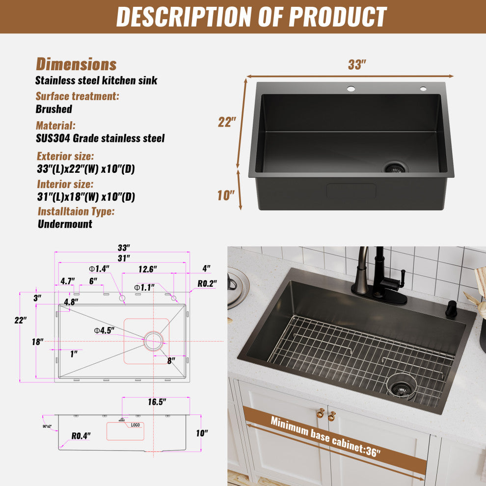 Drop-In Stainless Steel 33-inch 1-Hole Single Bowl Kitchen Sink in Nano PVD