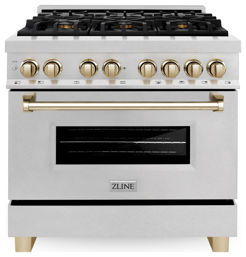 ZLINE 36" Dual Fuel Range, DuraSnow With Gold Accents RASZ-SN-36-G