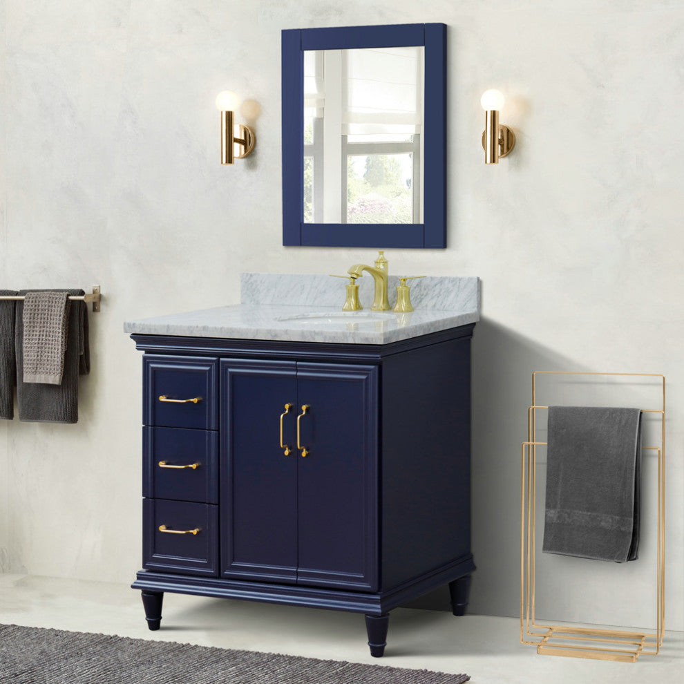 37" Single Vanity, Blue Finish With White Carrara