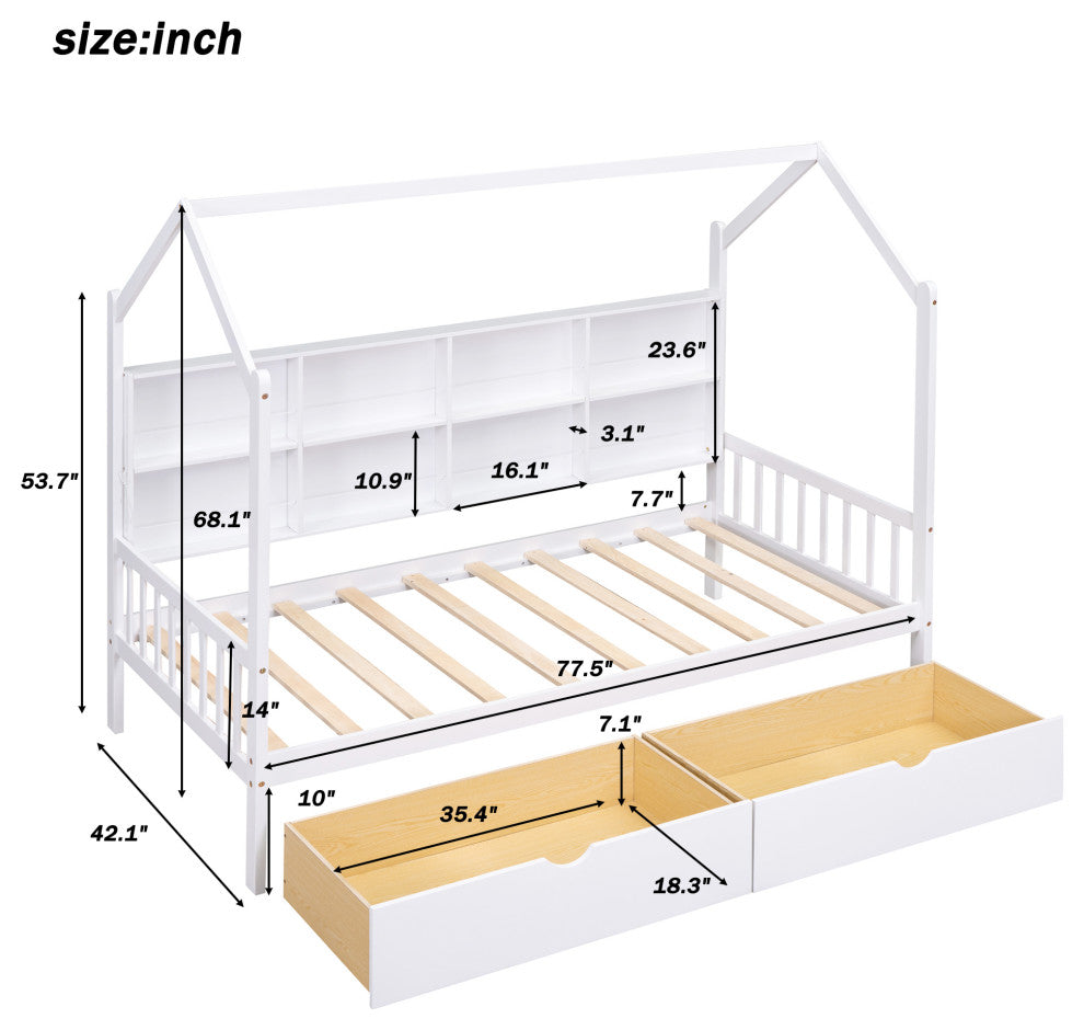Gewnee Wood Twin Size House Bed with Drawers for Kids in White