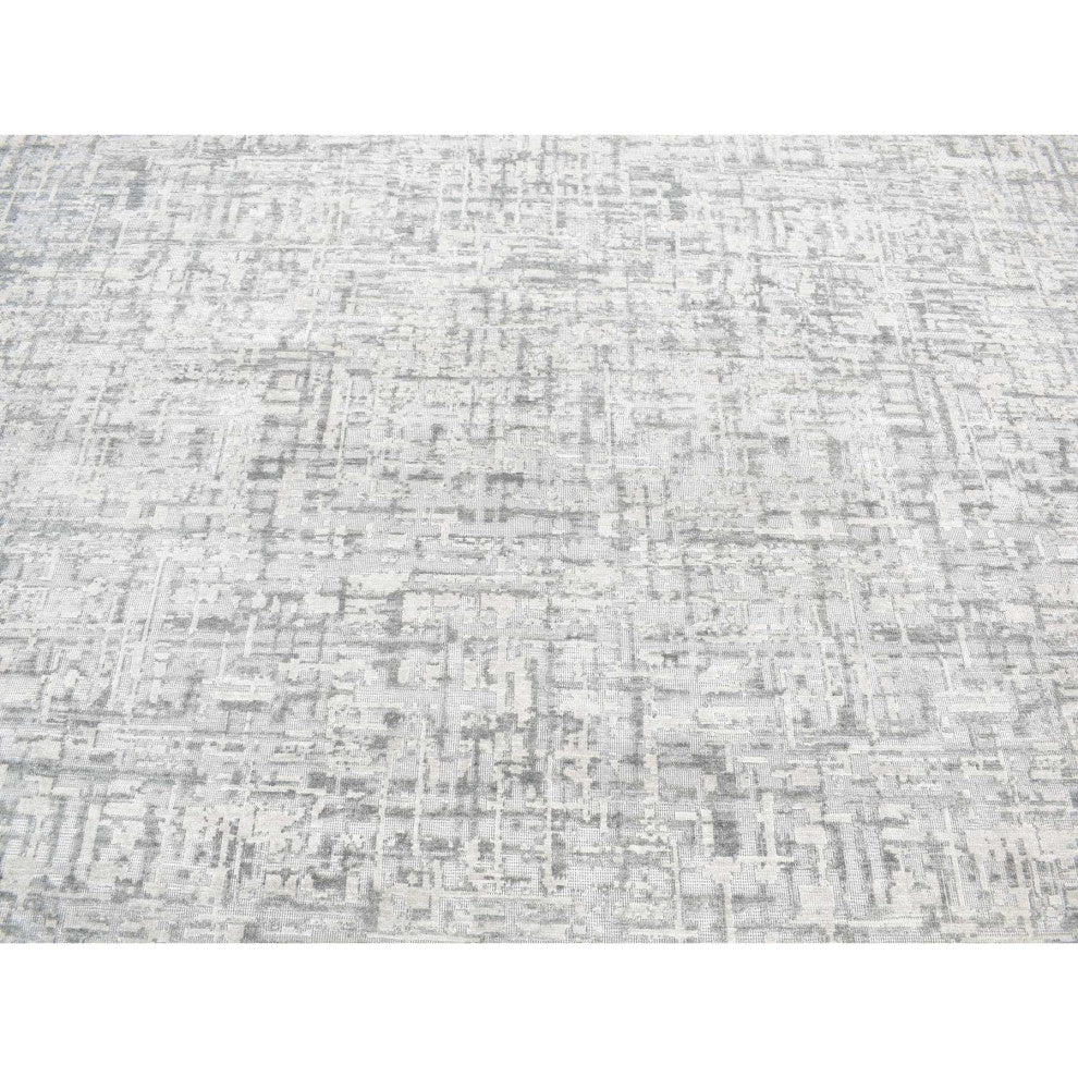 Medium Gray, THE MATRIX Design, Silk With Wool, Hand Knotted Rug, 9'2"x12'3"