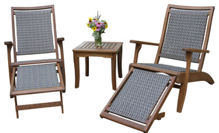 3-Piece Eucalyptus and Wicker Lounger Set With Ottoman and Square Accent Table