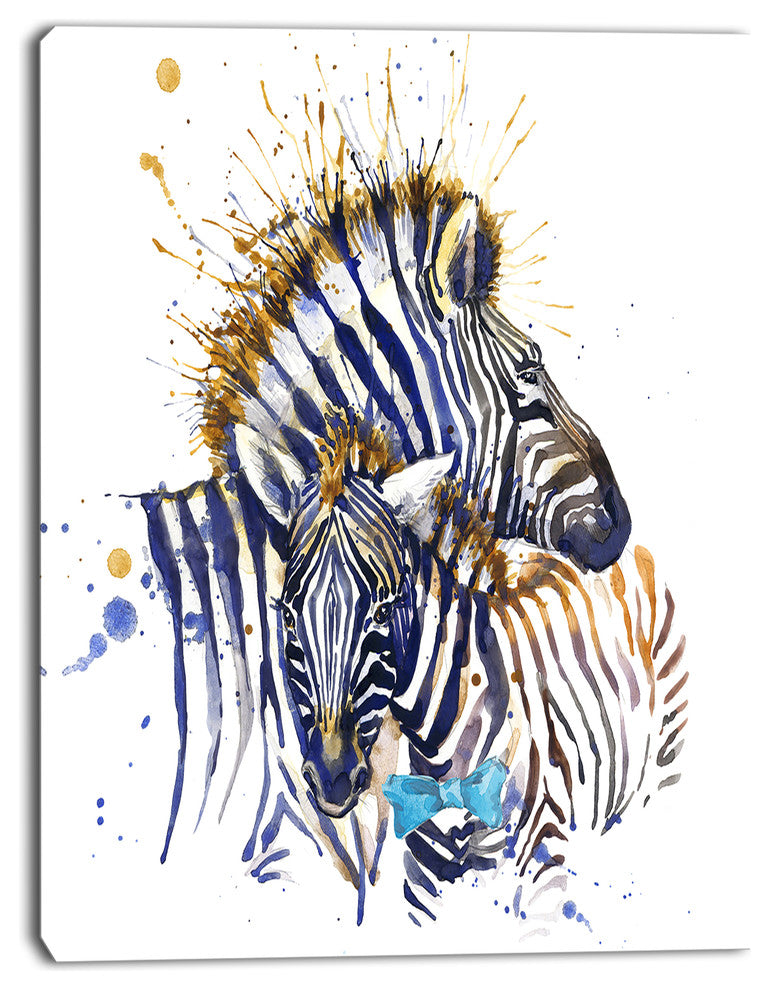 Zebra Family Illustration Watercolor, Contemporary Animal Art Canvas, 12"x20"
