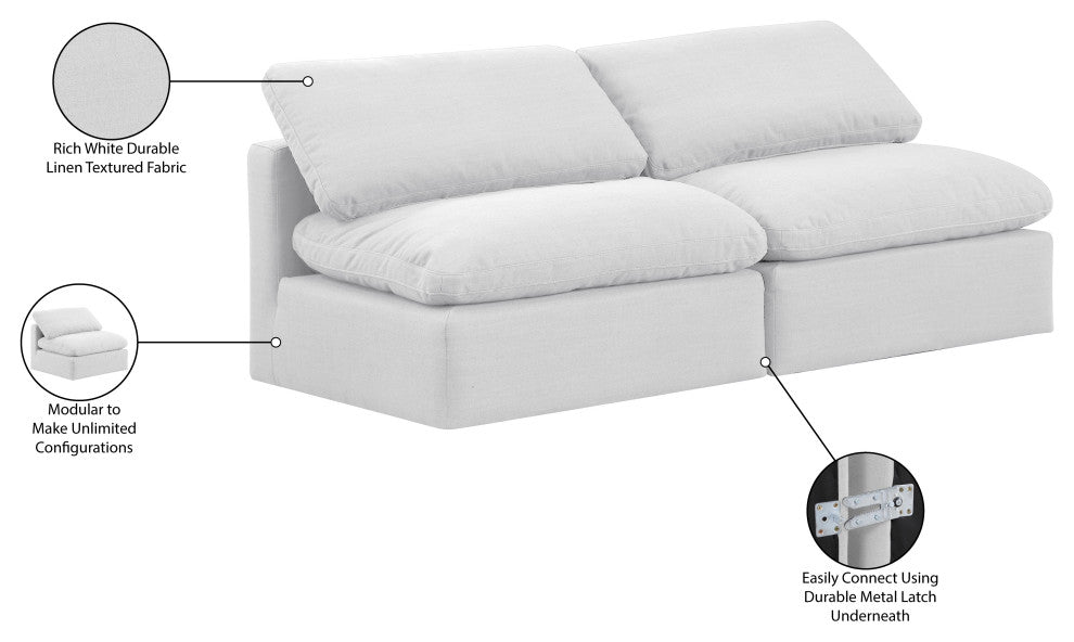 Indulge Upholstered Modular Sofa, White, 2-Piece: 2 Armless Chair, Down Stuffed Linen Textured Fabric