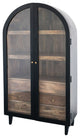 Arched Mango Wood Cabinet With 3 Shelves and 6 Drawers, Black and Natural