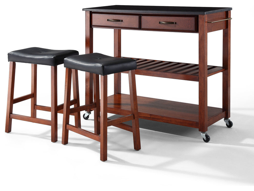 Solid Black Granite Kitchen Cart, Classic Cherry, 24" Upholstered Saddle Stools