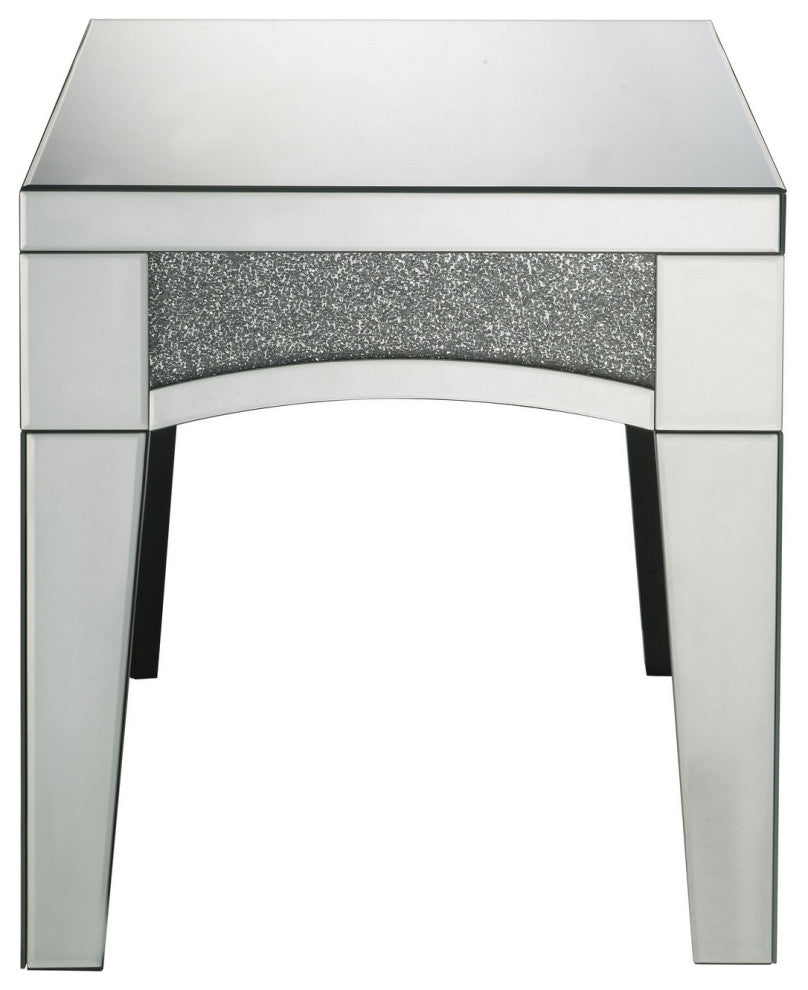 Benzara BM252330 End Table With Mirror Trim and Faux Stone Inlays, Silver