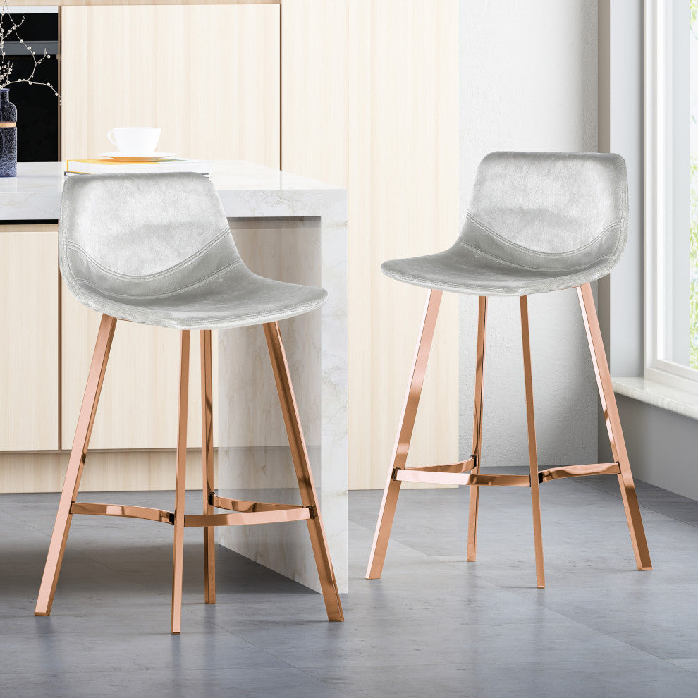 GDF Studio Rex Faux Snake Leather Brown Bar Stools, Set of 2, Silver/Rose Gold