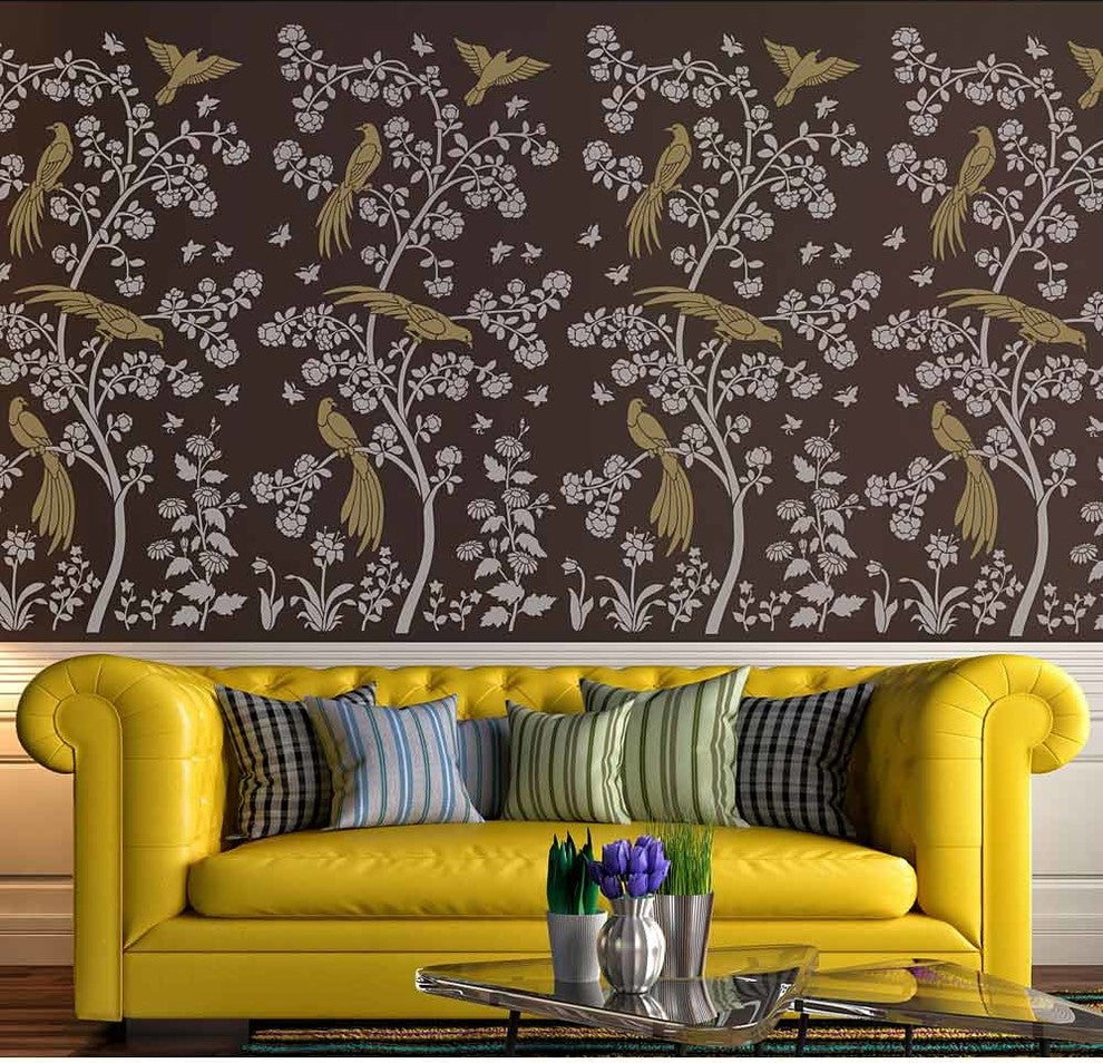 Birds and Roses Chinoiserie Wall Mural Stencil, DIY Asian Garden Decor, Small