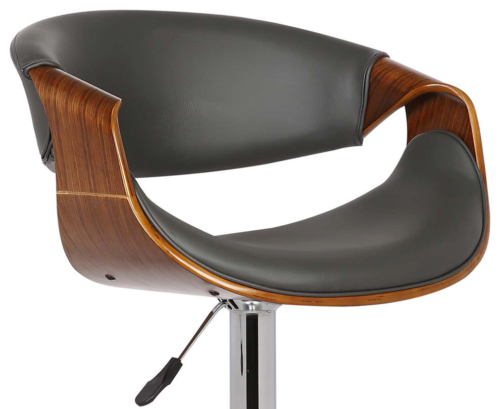 Jerrod Adjustable Swivel Barstool, Gray Faux Leather With Chrome & Walnut Wood