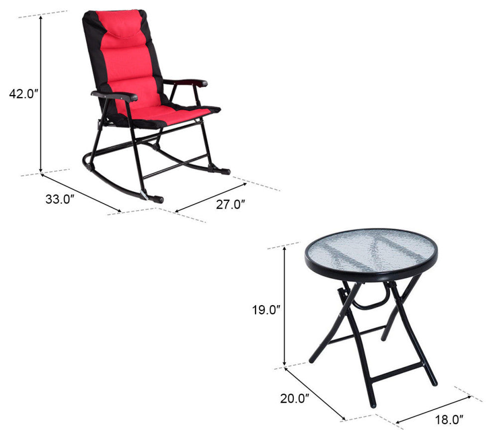 Costway 3 PCS Outdoor Folding Rocking Chair Table Set Bistro Sets Furniture Red