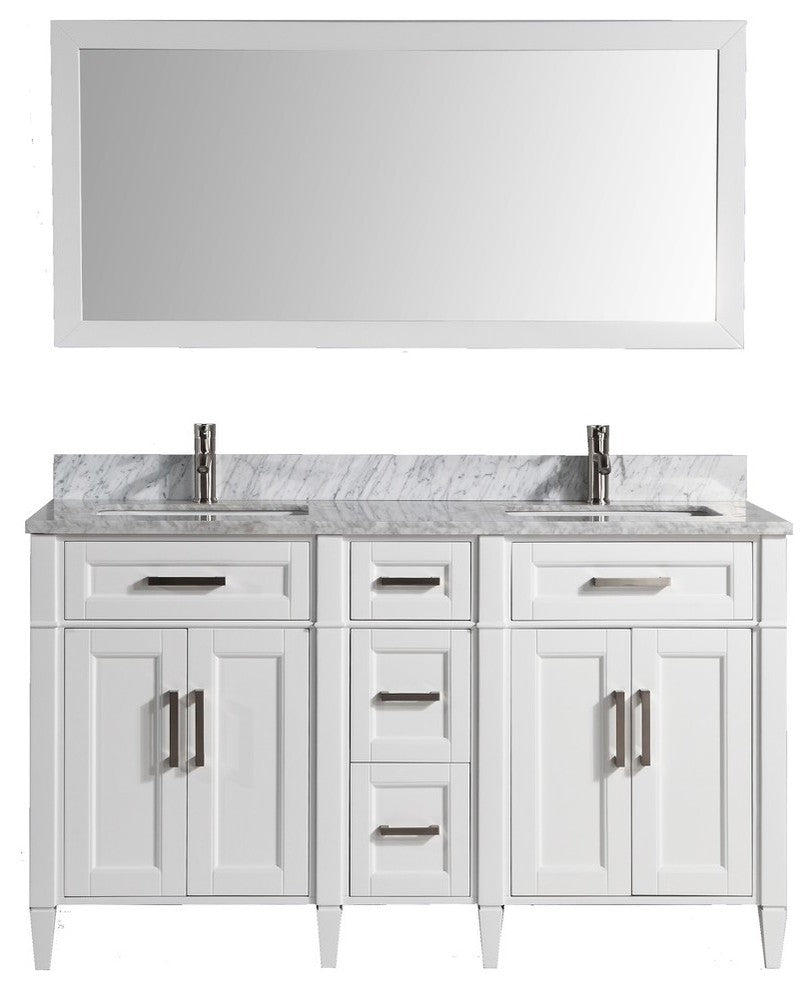 Vanity Set With Carrara Marble Top, 60", White, Led Touch-Switch Mirror