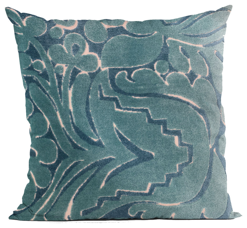 Plutus Blue Velvet Damask Luxury Throw Pillow, 20"x30"