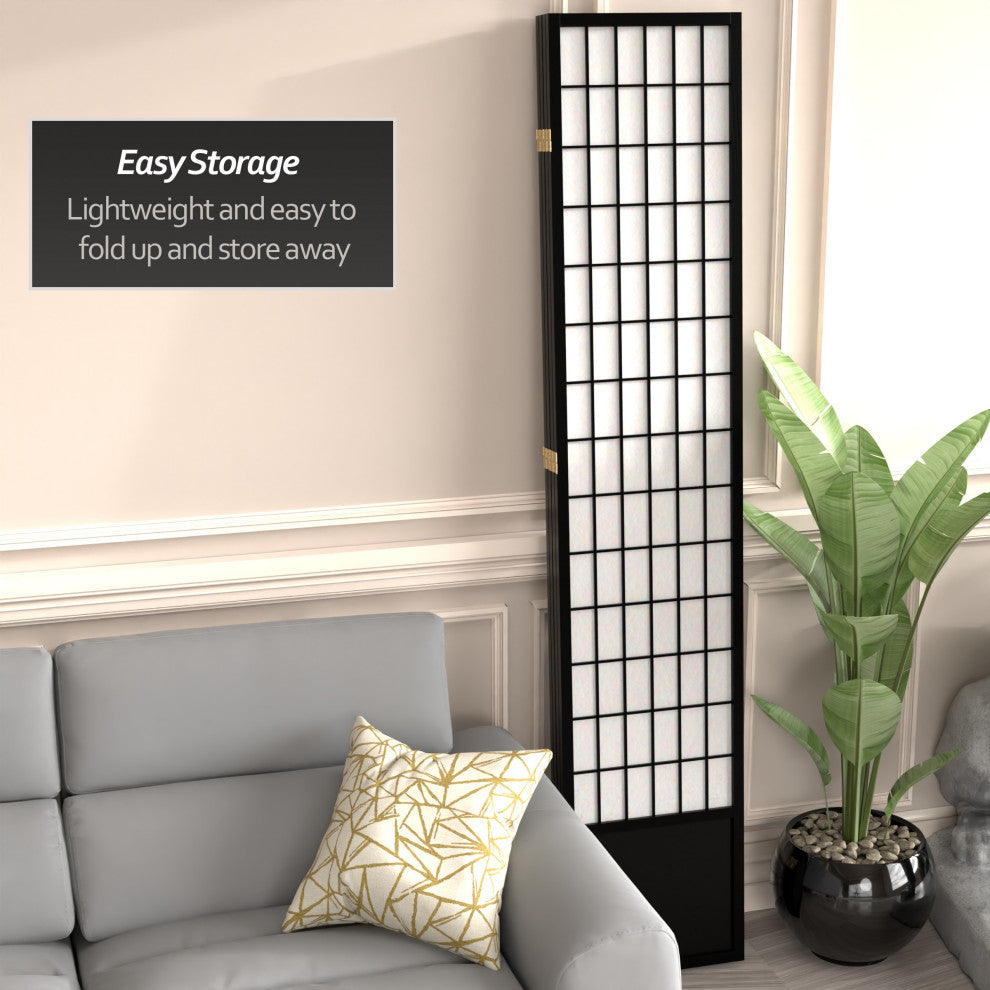 7' Tall Window Pane Shoji Screen, Black, 4 Panels
