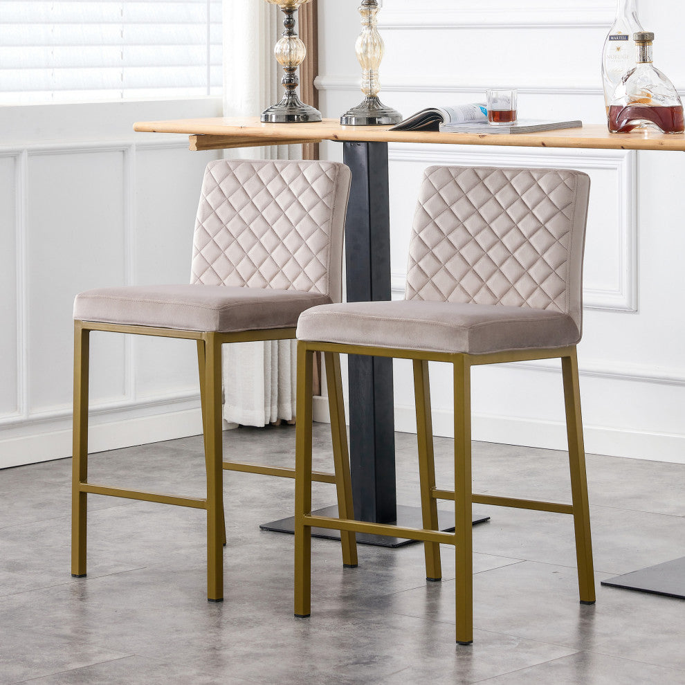 Modern Velvet 2 Bar Chair, Metal Legs for Dining,Kitchen and Bar, Beige Brown
