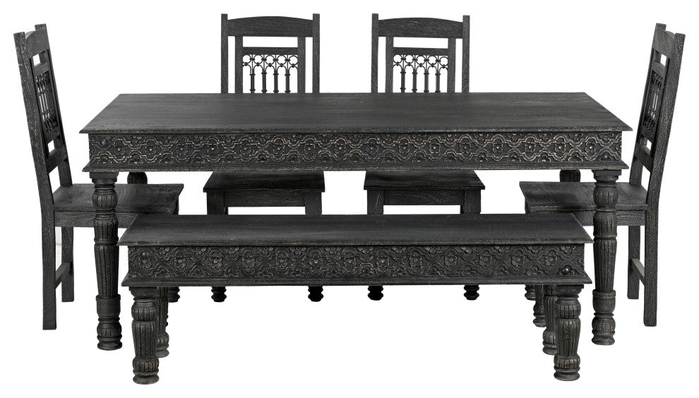 Wiley 7-piece Carved Solid Wood Dining Set, Black