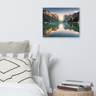 Sunrise Misty Mountain Lake Lively Color Landscape Photo Canvas Art Print, 16" X 20"