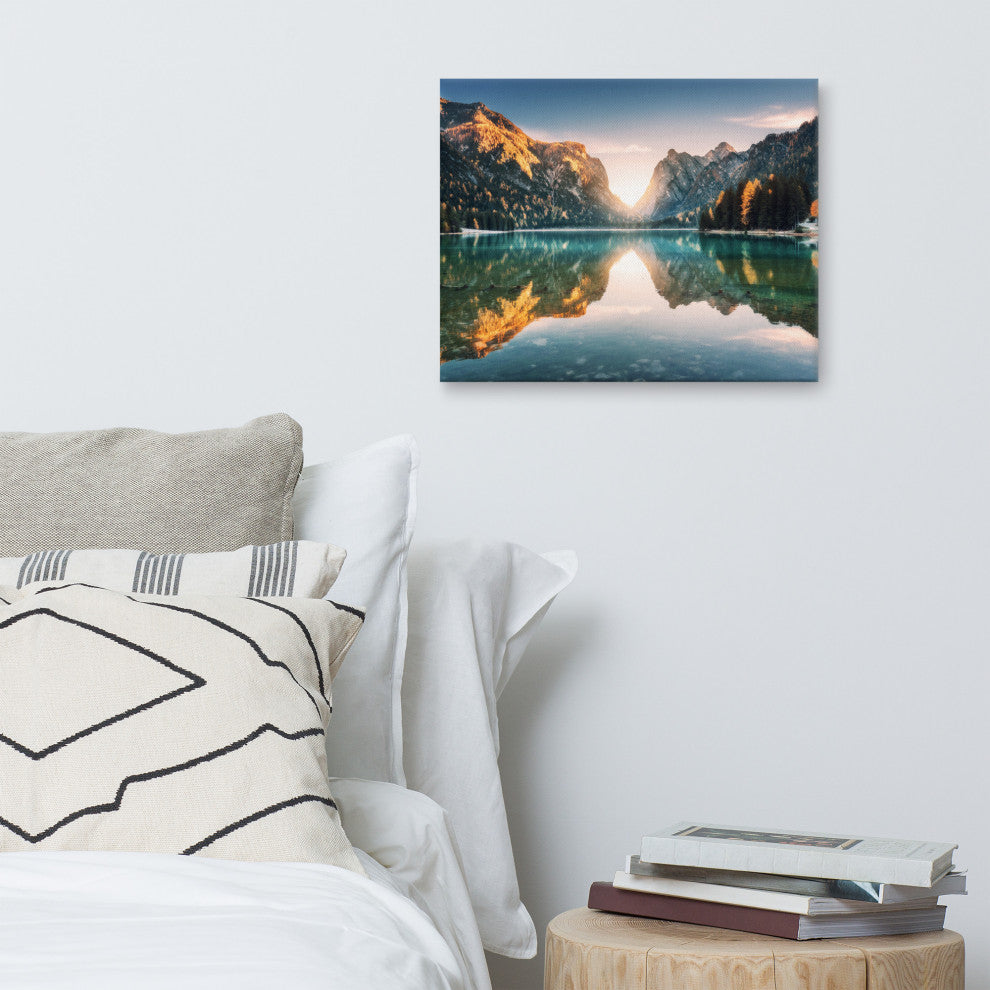Sunrise Misty Mountain Lake Lively Color Landscape Photo Canvas Art Print, 16" X 20"