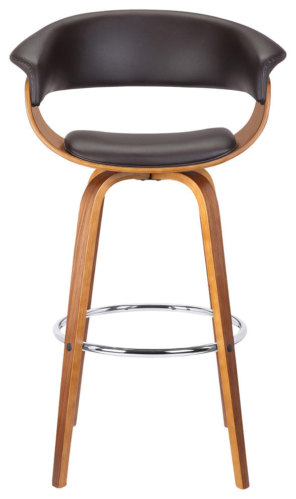 Artemis 30" Mid-Century Swivel Barstool, Brown Faux Leather With Wooden Legs
