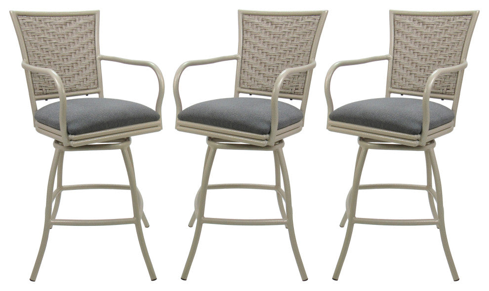Outdoor/Indoor Swivel Bar Stool, Erin on Beige Frame, Set of 3, Dark Gray Linen, 26"