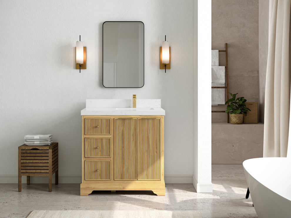 Austin 36 Right Offset Bath Vanity in Light Natural Teak 2" Empira Quartz