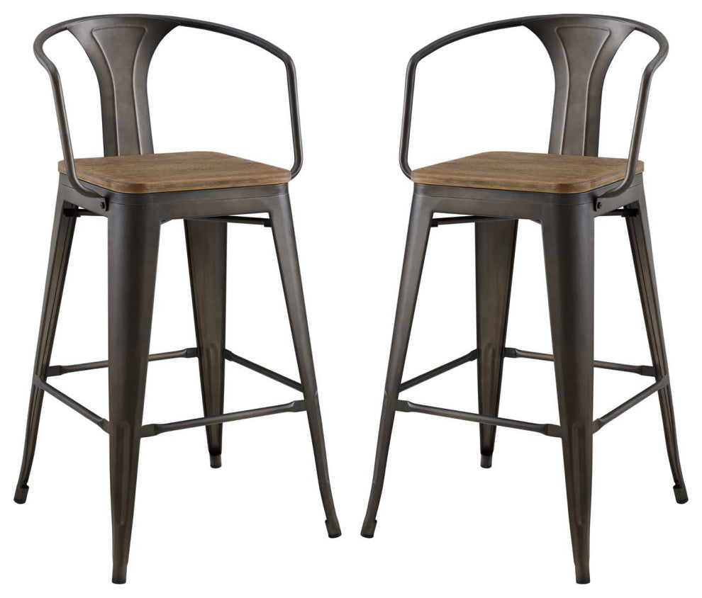 Bar Stool Chair Barstool, Set of 2, Wood, Metal, Brown, Modern, Bar Pub Bistro