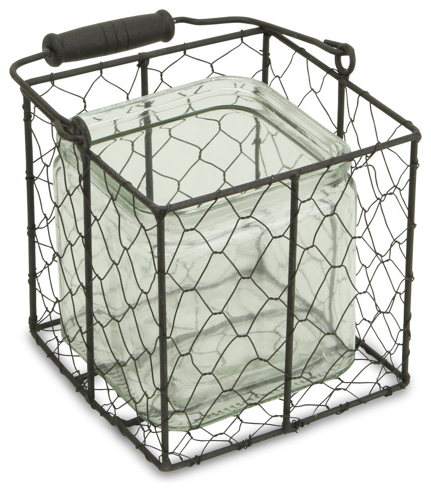 Square Wire Basket With Glass Jar, Brown, Large, Large