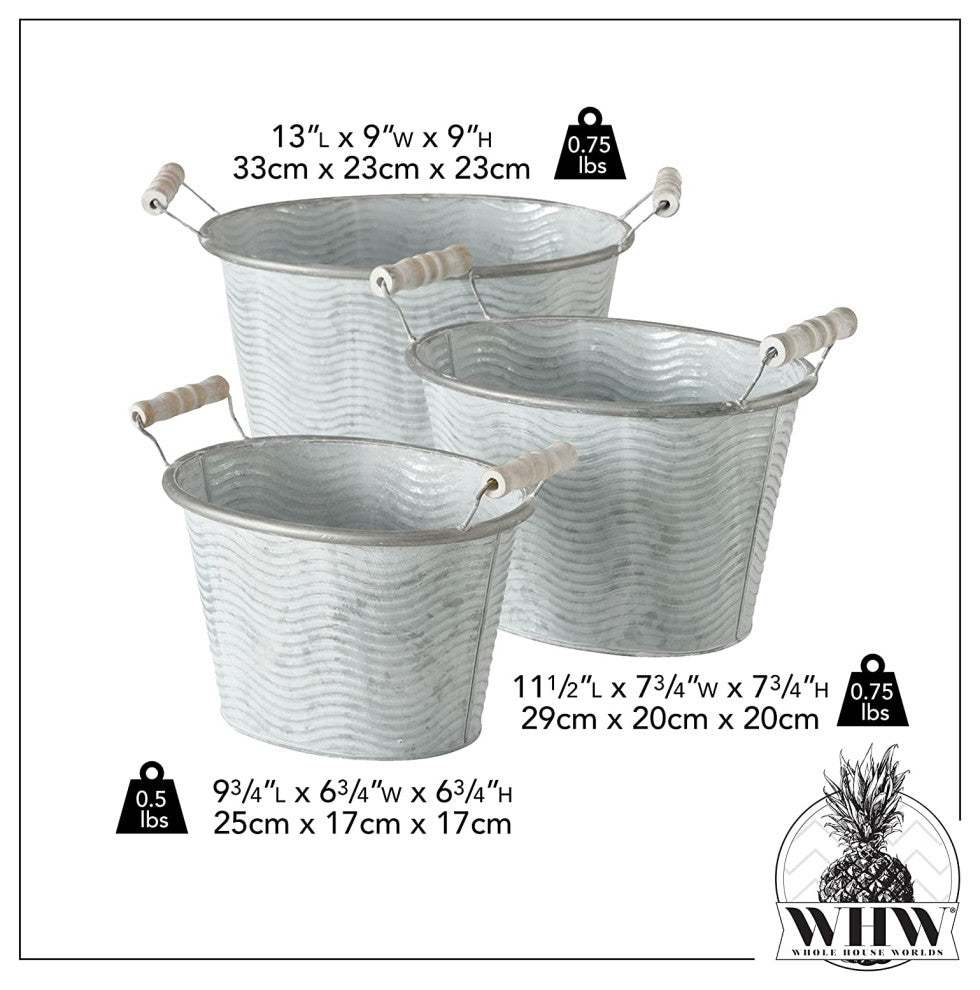3 Piece Galvanized Zinc Corrugated Planters, 9"