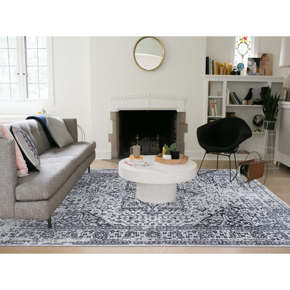 Black Erased Serapi Heriz Design Wool and Silk Hand Loomed Rug 9'0" x 11'10"