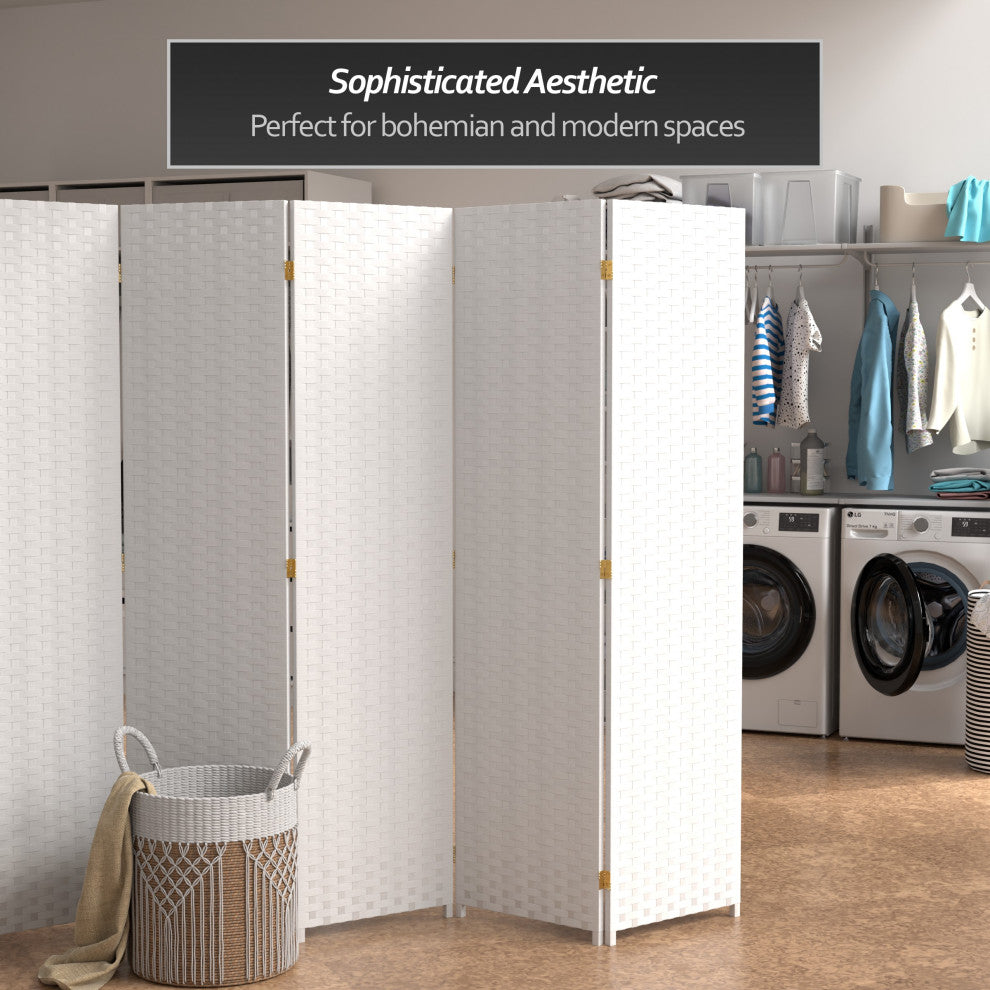 6' Tall Woven Fiber Room Divider, 5 Panel, White
