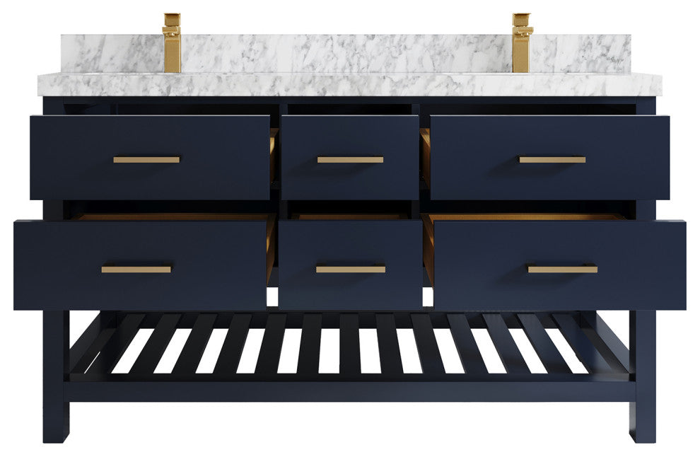 Parker 60 Double Sink Bathroom Vanity in Navy Blue  2" Carrara Marble