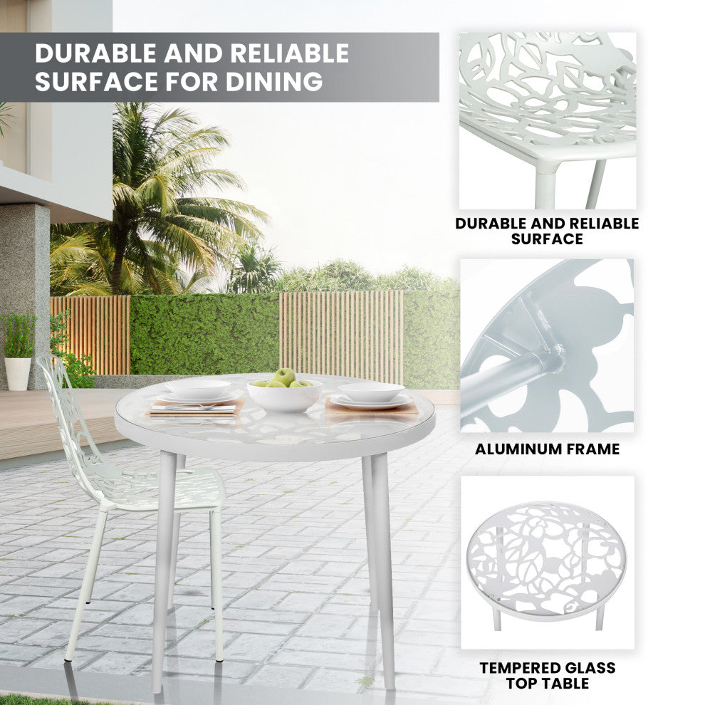 LeisureMod Devon Outdoor Dining Set with Glass Table and 2 Chairs, White