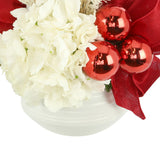 Hydrangea Holiday Arrangement with Bows and Ornaments in a Ceramic Pot