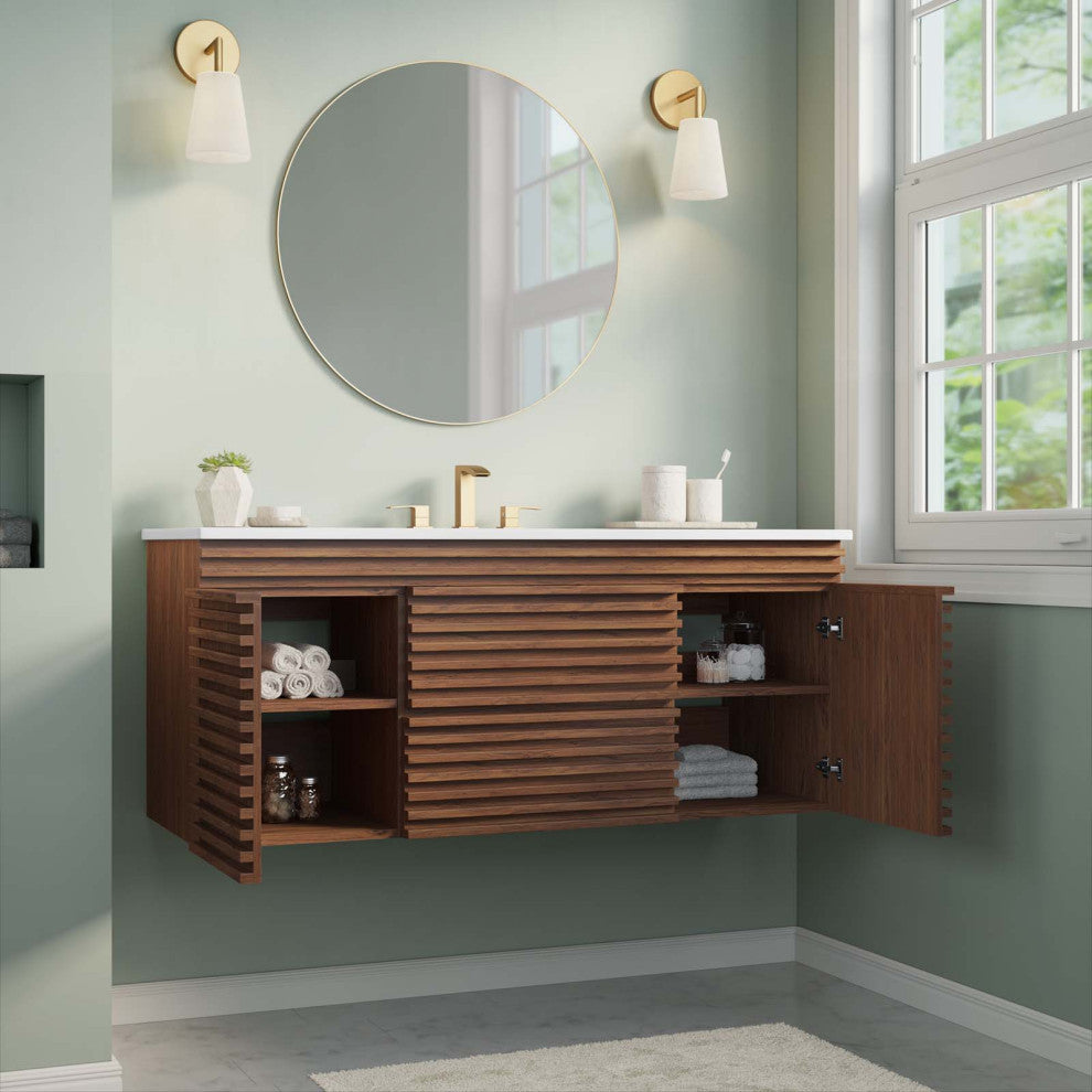 Render 48" Wall-Mount Bathroom Vanity, Walnut White