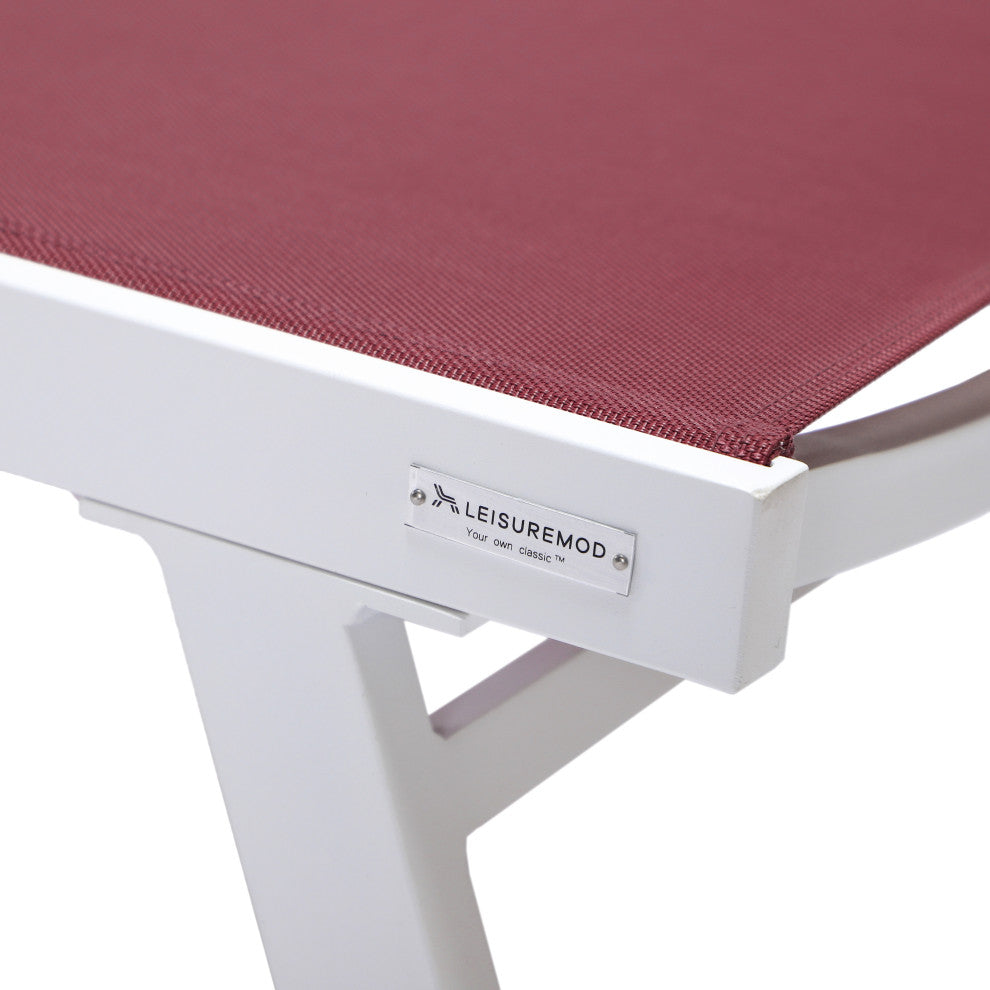 LeisureMod Marlin Patio Chaise Lounge Chair With Arms White Frame, Burgundy