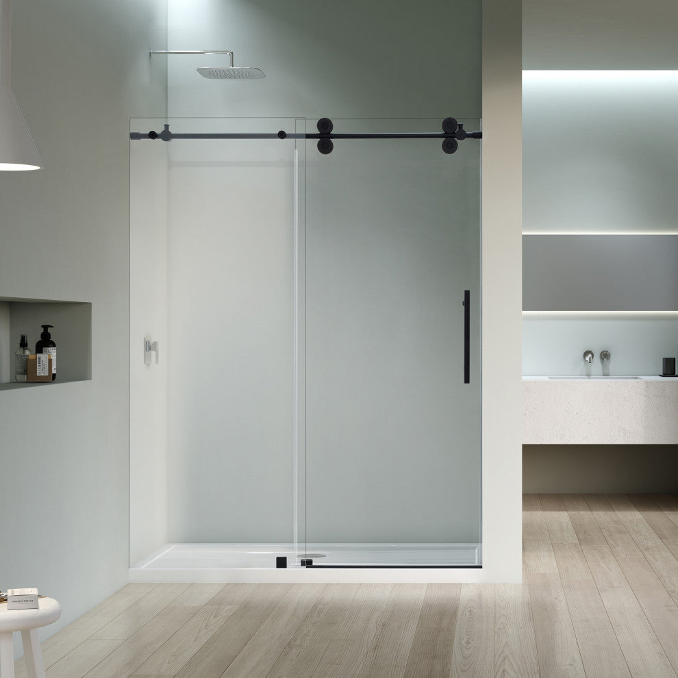 Lazaro Single Sliding Frameless Shower Door, Clear, Matte Black, 60"wx78"h